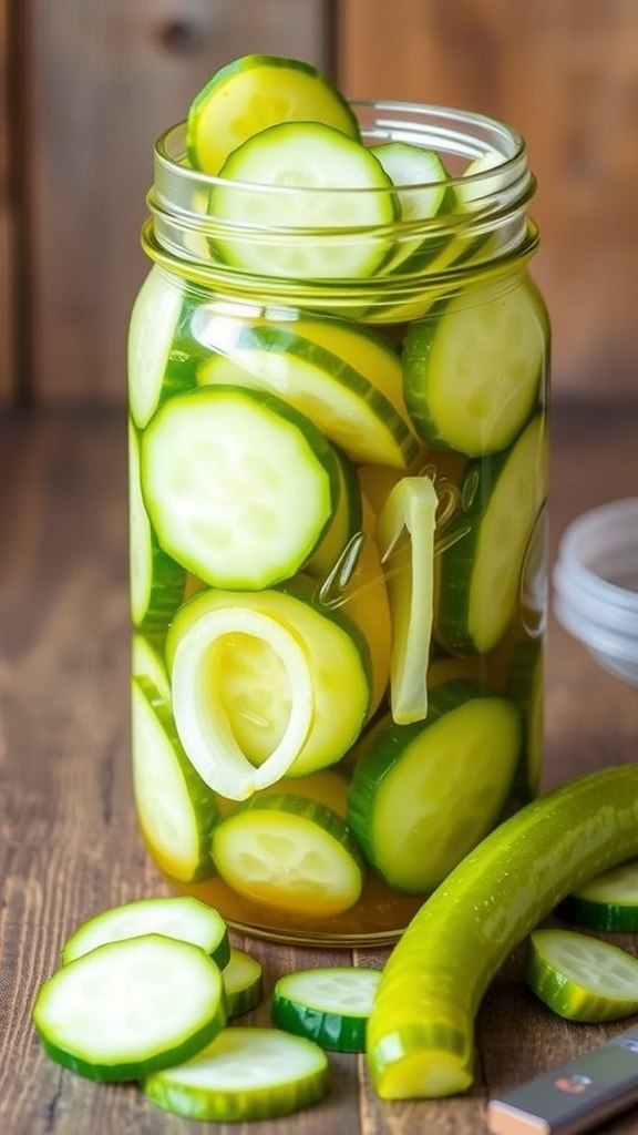 Easy Homemade Bread and Butter Pickles Recipe A jar of bright green bread and butter pickles with onions in sweet brine on a wooden table.
